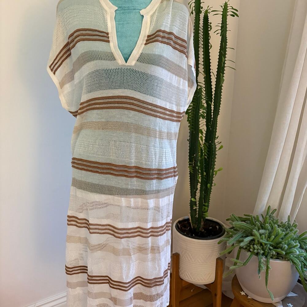 Chico’s Striped Knit Maxi Dress - Blue White Coastal Resort Boho Lagenlook sizeM